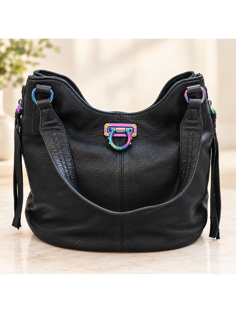 Aimee Kestenberg Black Leather Hobo Shoulder Bag with Iridescent Hardware